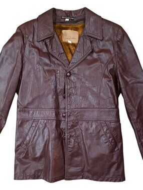 VTG 70s Gino Leathers Brown Leather Trench Coat Faux Fur Lined Mens Argentina